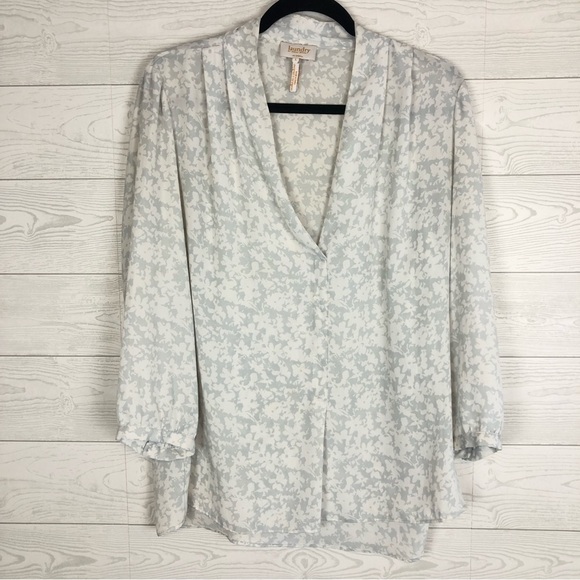 LAUNDRY BY SHELLI SEGAL WHITE GRAY FLORAL LONG SLEEVE BLOUSE LARGE - Picture 1 of 8